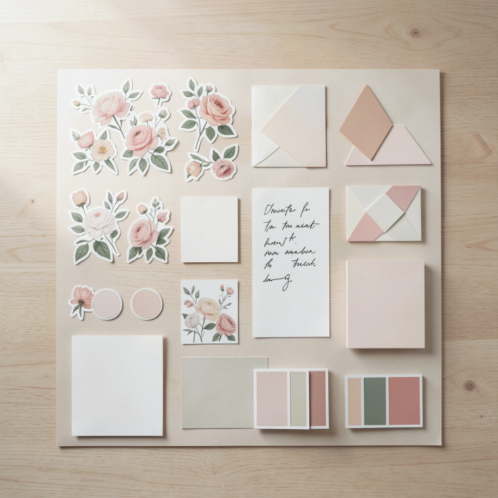 Mood board digital dan fisik yang estetis dengan berbagai aset stiker premium, pola, dan elemen dekorasi untuk inspirasi desain feed Instagram.