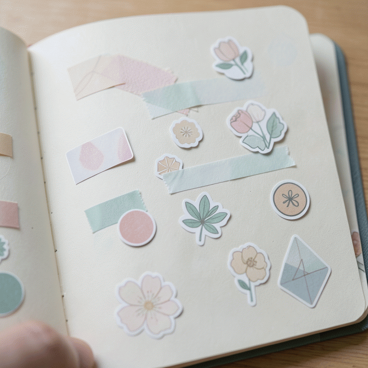 Detail stiker digital premium yang menempel pada halaman jurnal atau planner, menunjukkan cara mempercantik desain secara estetis.