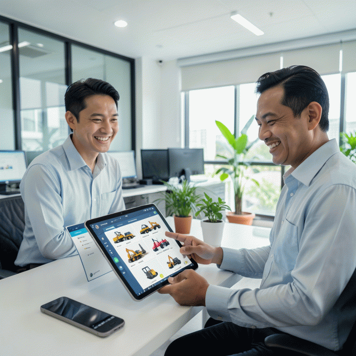 Owner bisnis rental Indonesia melihat dashboard digitalisasi operasional yang rapi dan efisien, menandakan transisi dari manual ke digital.