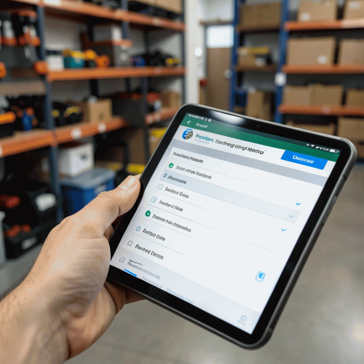 Tangan menunjuk antarmuka digital checklist inventaris pada tablet, melambangkan akurasi pencatatan aset.