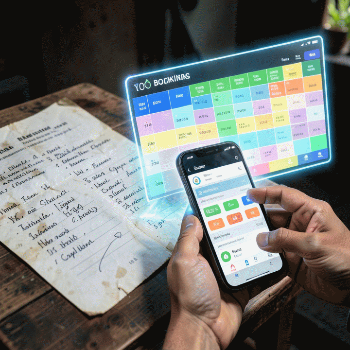 Perbandingan visual antara sistem pencatatan manual yang berantakan dengan sistem penjadwalan digital yang terintegrasi.