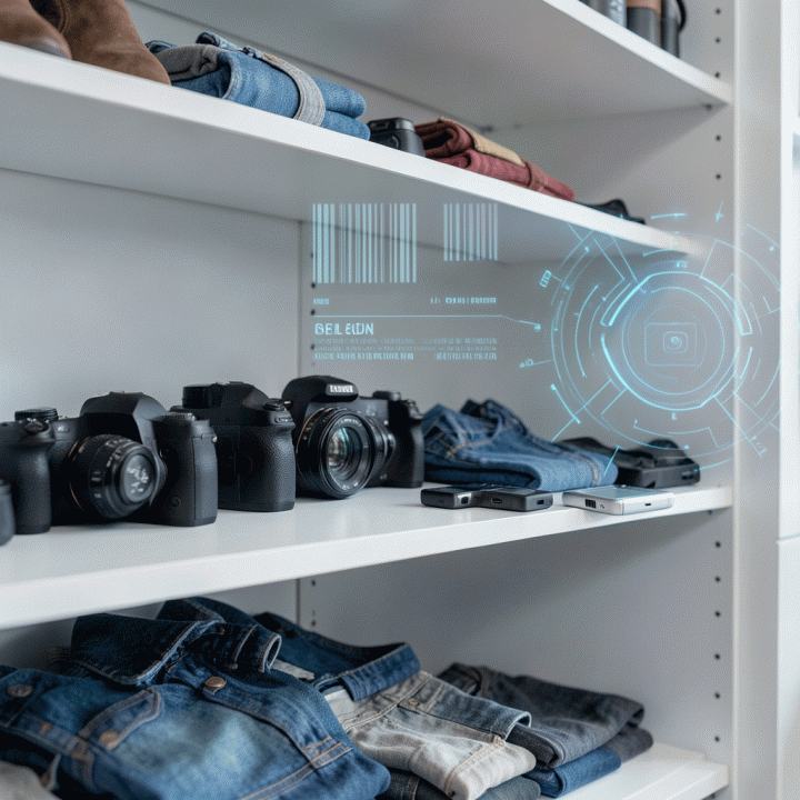 Rak penyimpanan inventaris rental yang sangat terorganisir, dengan penekanan visual pada teknologi pelacakan digital di latar belakang.
