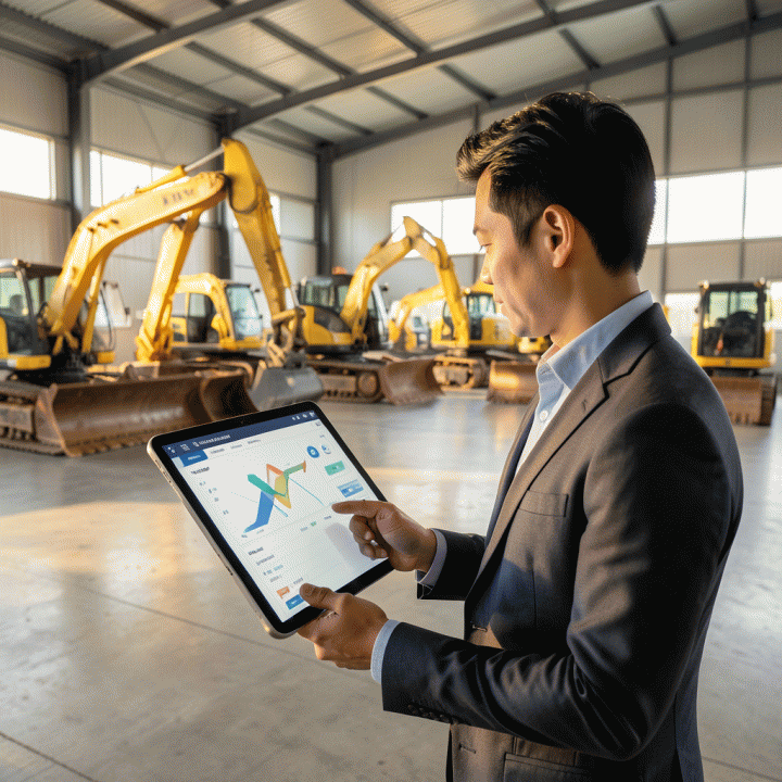 Manajer bisnis rental sedang melihat tablet yang menampilkan dashboard manajemen inventaris digital di gudang peralatan berat yang terorganisir, melambangkan digitalisasi operasional.