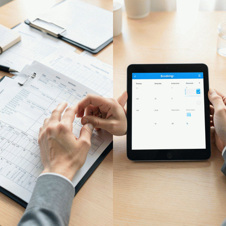 Perbandingan visual antara operasional manual (kertas) yang berantakan dengan sistem digital yang terorganisir.