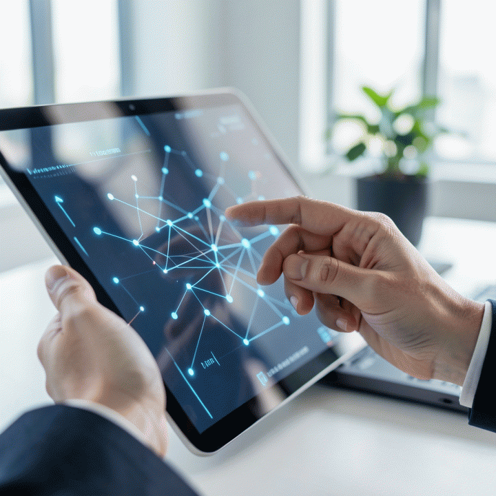 Tangan profesional yang berinteraksi dengan antarmuka sentuh futuristik yang menampilkan visualisasi data abstrak, melambangkan otomatisasi riset pasar dan lead generation.