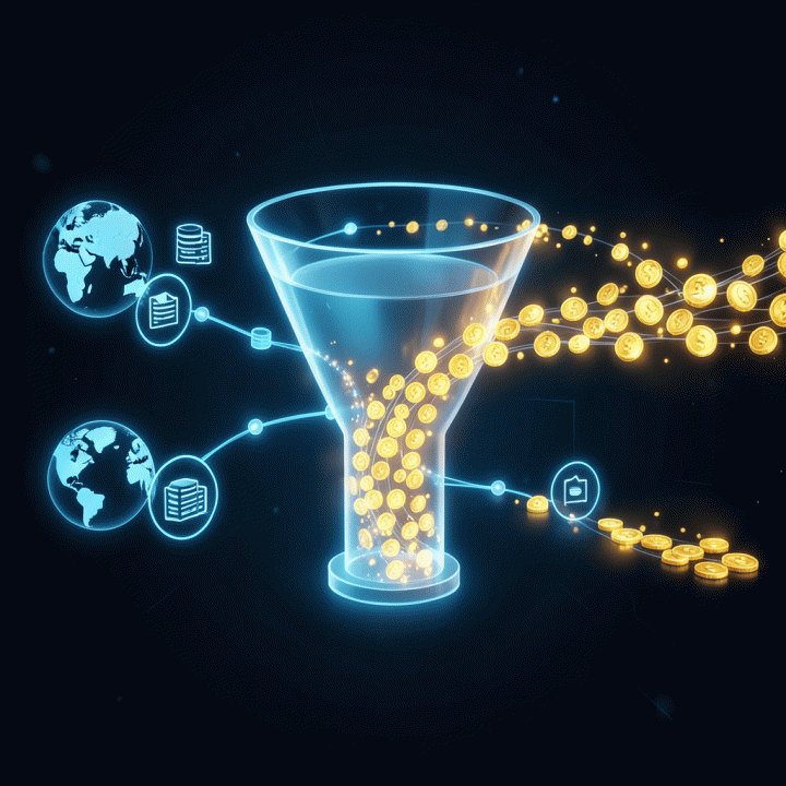 Visualisasi konseptual alur kerja otomatis yang mengumpulkan data dari berbagai sumber menjadi satu sistem terintegrasi yang efisien.