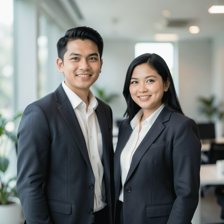 Dua potret profesional (pria dan wanita) Indonesia yang tampil percaya diri dalam setelan bisnis modern, ideal untuk foto profil LinkedIn atau CV.