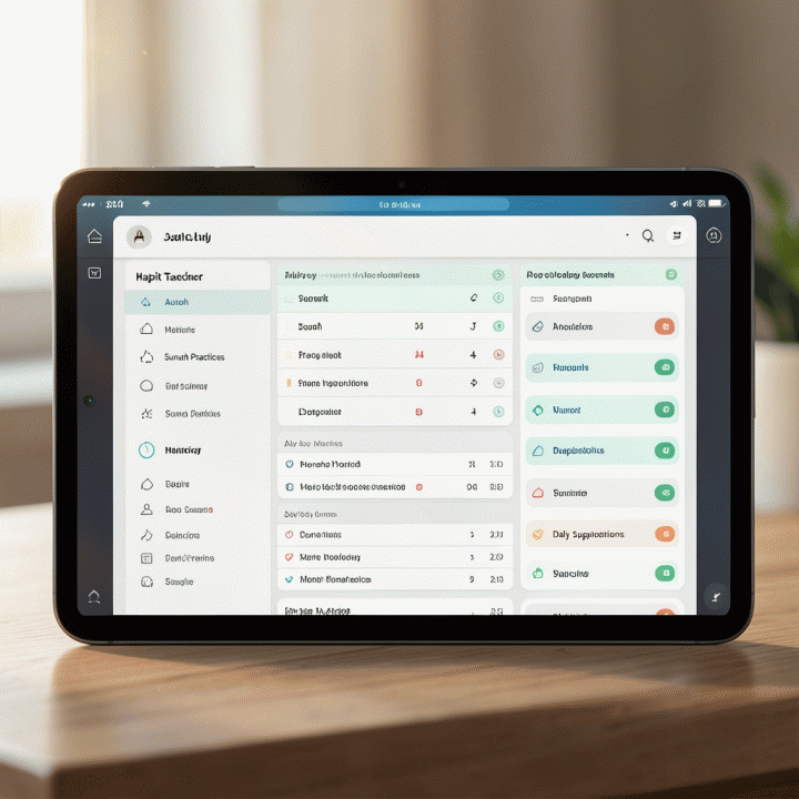 Dashboard visualisasi pelacak kebiasaan ibadah harian Muslim yang terstruktur dan rapi di tablet, dengan pencahayaan hangat dan suasana spiritual.