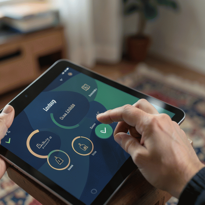 Tangan menggunakan aplikasi pelacak kebiasaan ibadah digital di tablet, menunjukkan progres konsistensi dengan ikon-ikon spiritual yang sederhana.