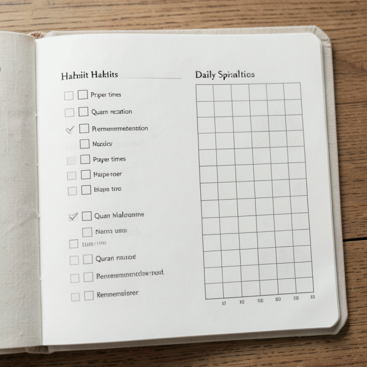 Visualisasi checklist ibadah harian yang terorganisir, minimalis, dan menenangkan, menunjukkan alat bantu pelacakan kebiasaan spiritual yang rapi dan membantu membangun konsistensi.