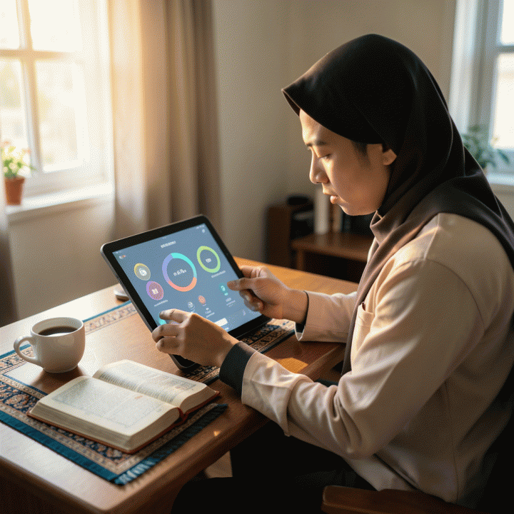 Seorang Muslim muda memeriksa habit tracker digital di tablet dengan grafik abstrak ikon ibadah, suasana pagi tenang.