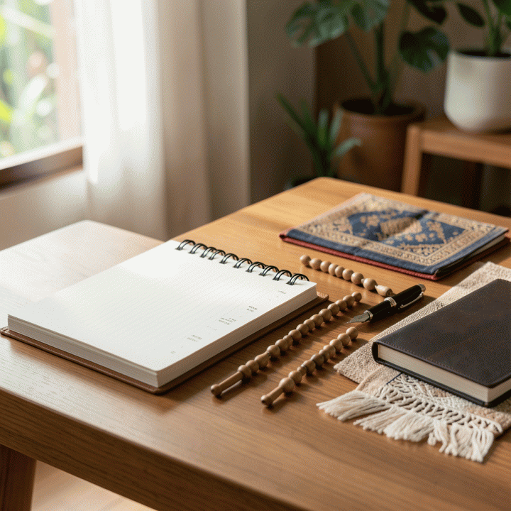 Foto sinematik yang menampilkan alat pelacak ibadah (habit tracker) yang rapi dan estetik di atas permukaan kayu alami, dilengkapi dengan jurnal, pena, dan sajadah, menunjukkan suasana spiritualitas dan konsistensi.