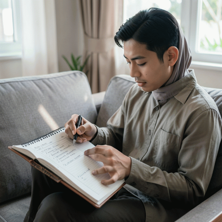 Seorang milenial Muslim Indonesia sedang duduk merencanakan atau meninjau jadwal ibadah harian dalam sebuah jurnal atau planner, menekankan aspek manajemen waktu dan konsistensi.