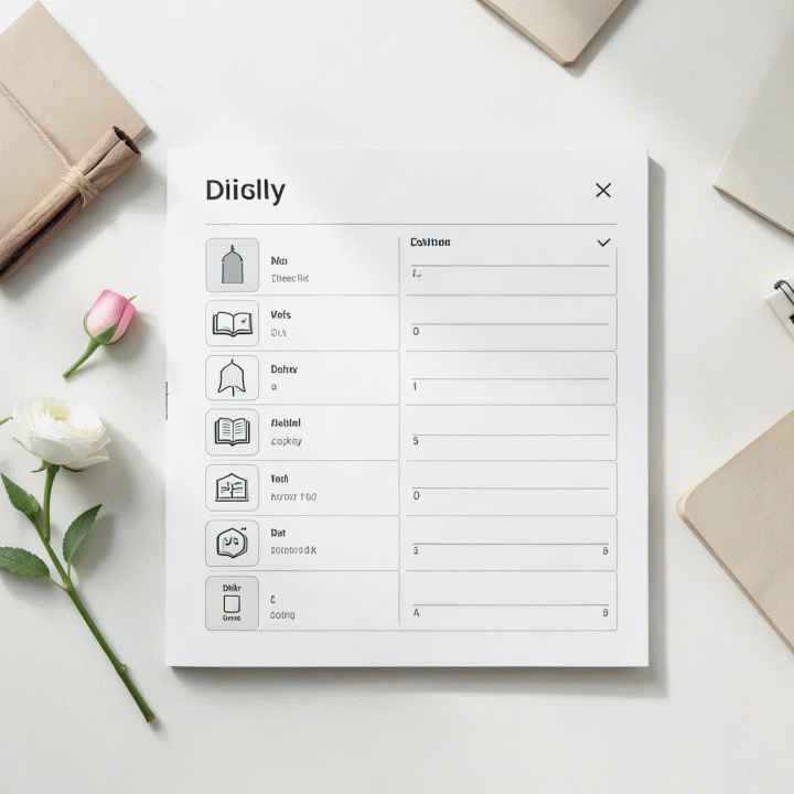 Tampilan dari atas (flat lay) yang menampilkan planner atau tracker ibadah harian minimalis dengan ikon-ikon aktivitas ibadah yang bisa dicentang, menunjukkan konsep pelacakan kebiasaan spiritual.