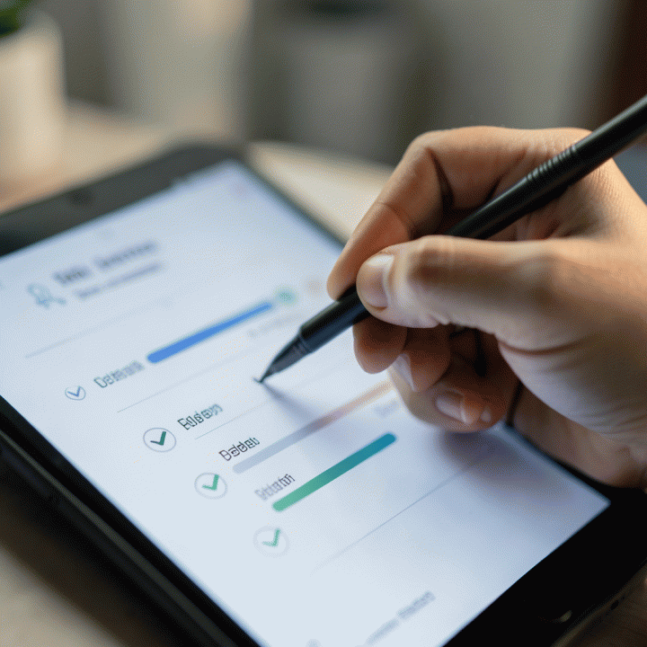 Tangan yang menggunakan stylus untuk menandai tugas pada antarmuka pelacak kebiasaan digital yang bersih.