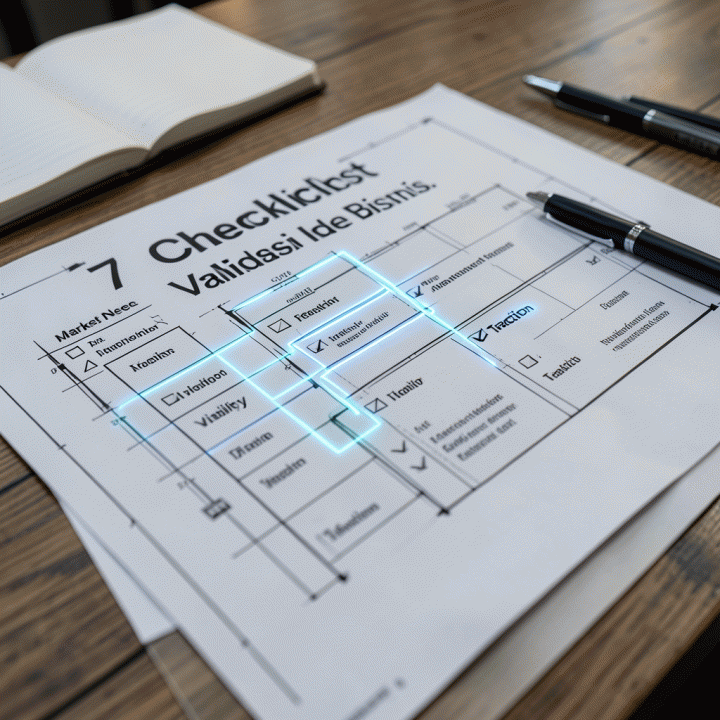 Tampilan dekat dari checklist validasi ide bisnis yang terperinci pada meja kerja, disorot dengan bantuan visual AI.