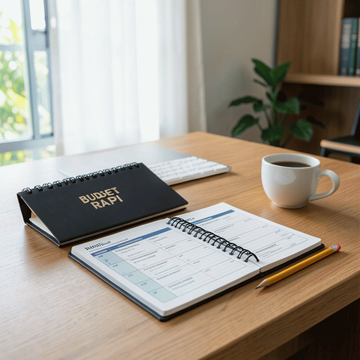 Perangkat perencanaan keuangan dan checklist anggaran di atas meja kantor yang rapi, melambangkan persiapan keuangan awal bulan.