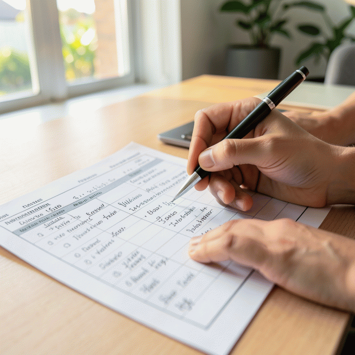 Tangan sedang mengisi dan menandai checklist anggaran keuangan bulanan di atas meja yang bersih.
