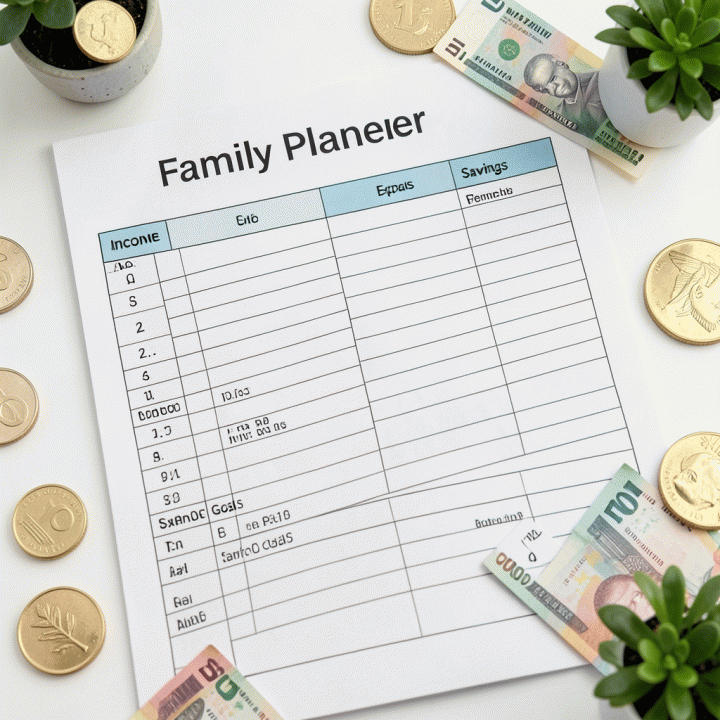 Tampilan datar (flat lay) dari template &lsquo;Family Planner&rsquo; yang terstruktur dengan detail kategori keuangan seperti pendapatan, pengeluaran, dan tabungan.