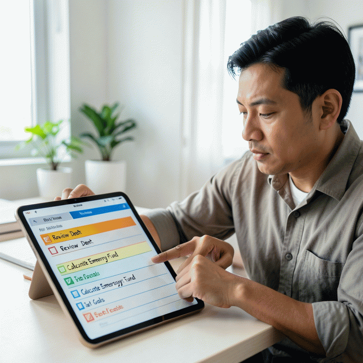 Seorang dewasa Indonesia menunjuk daftar periksa keuangan (checklist) penting pada tablet, menandakan langkah-langkah pengecekan sebelum merencanakan anggaran.