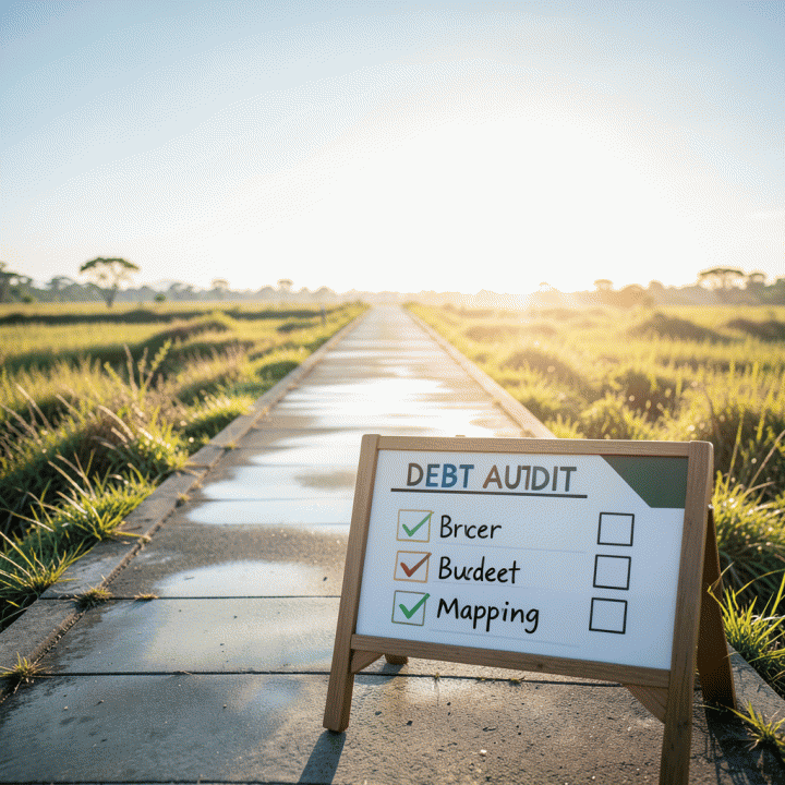 Visual metafor jalan yang jelas menuju kebebasan finansial, ditandai dengan checklist perencanaan keuangan di latar depan.