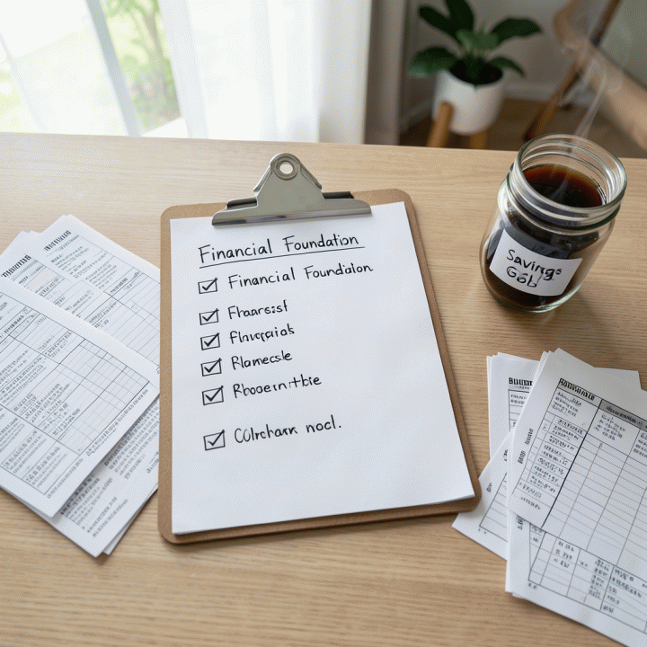 Komposisi flat-lay meja kerja keuangan yang rapi menampilkan checklist, buku catatan, dan dokumen keuangan, melambangkan persiapan awal menuju kebebasan utang.
