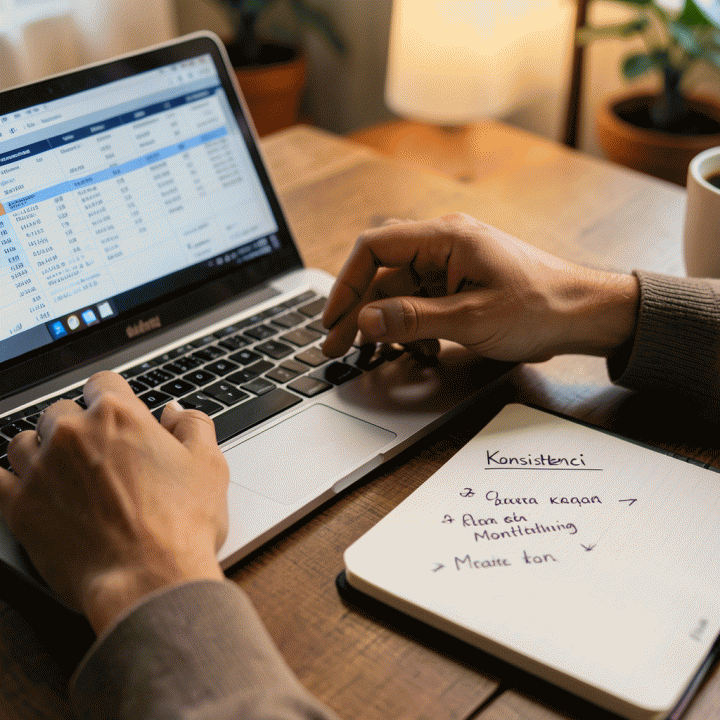 Dua tangan sedang meninjau spreadsheet keuangan di laptop, menandakan fokus pada monitoring dan konsistensi perencanaan.