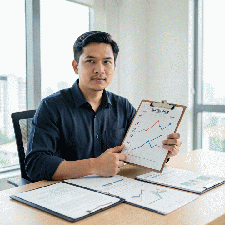 Ilustrasi profesional Indonesia yang percaya diri sedang meninjau checklist keuangan di meja kerja minimalis, melambangkan fondasi kuat sebelum bebas utang.