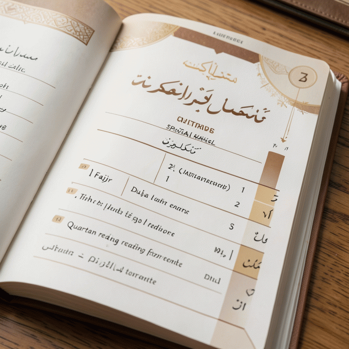 Tampilan dekat buku atau aplikasi pelacak kebiasaan ibadah yang rapi dan terstruktur.