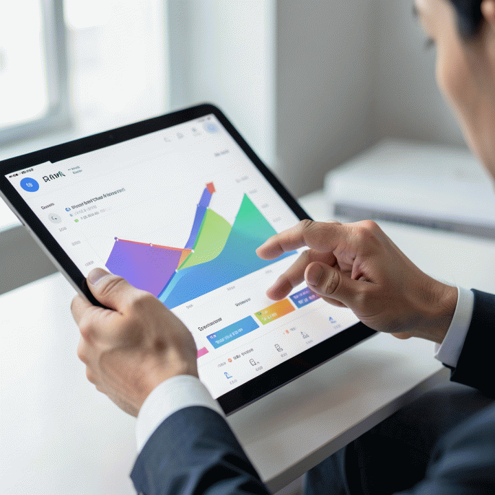 Tangan menganalisis data analitik e-commerce di tablet, menunjukkan proses pengambilan keputusan strategis.