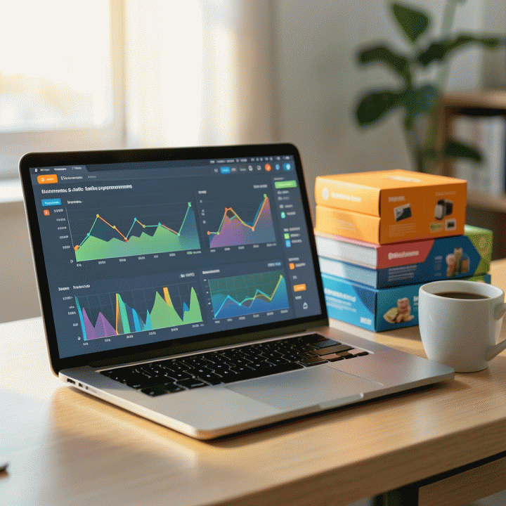 Ilustrasi profesional dan realistis tentang optimasi bisnis e-commerce menggunakan data analitik di layar laptop.