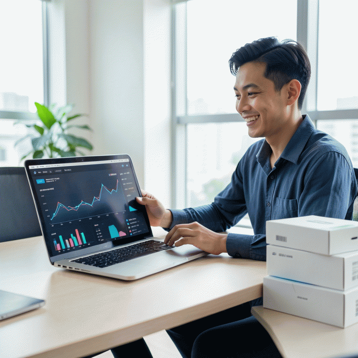 Seorang penjual e-commerce profesional Indonesia yang sedang menganalisis data bisnis penjualan di laptopnya, menunjukkan keberhasilan optimasi toko online.