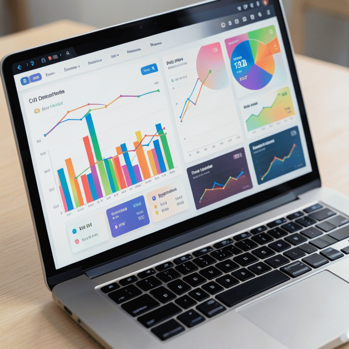 Layar laptop yang menampilkan dashboard analitik bisnis e-commerce yang kompleks dan berwarna, menunjukkan data pertumbuhan yang optimal.