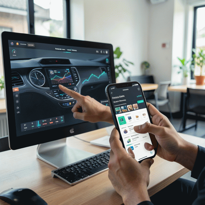 Tangan pengguna yang sedang membandingkan data analitik di desktop dengan manajemen listing produk di ponsel, menunjukkan optimasi toko.