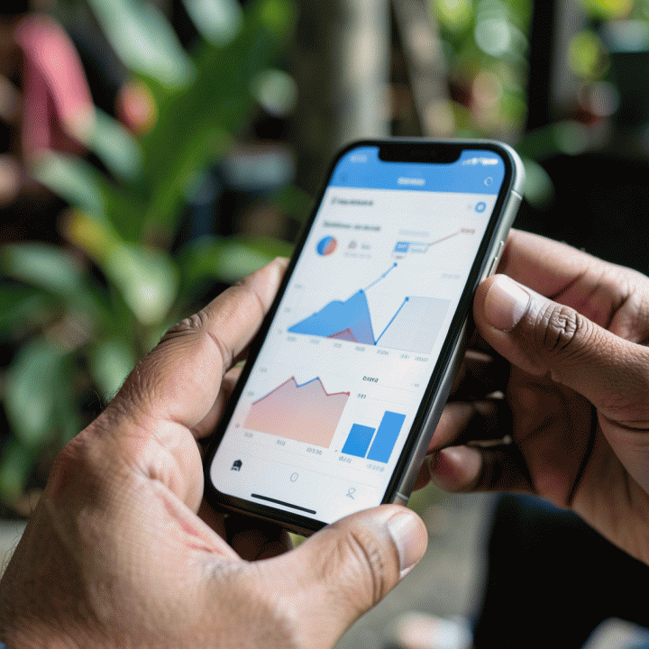 Tangan yang menganalisis data bisnis menggunakan dashboard e-commerce di smartphone, menunjukkan proses optimasi penjualan.