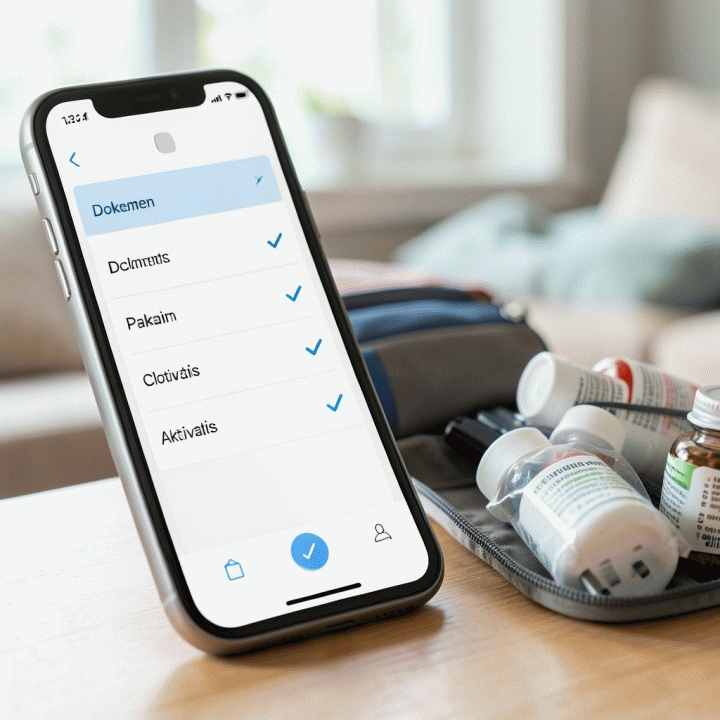 Tampilan close-up ponsel pintar yang menunjukkan antarmuka digital checklist perjalanan yang bersih dan intuitif, menunjukkan kategori-kategori yang terorganisir.