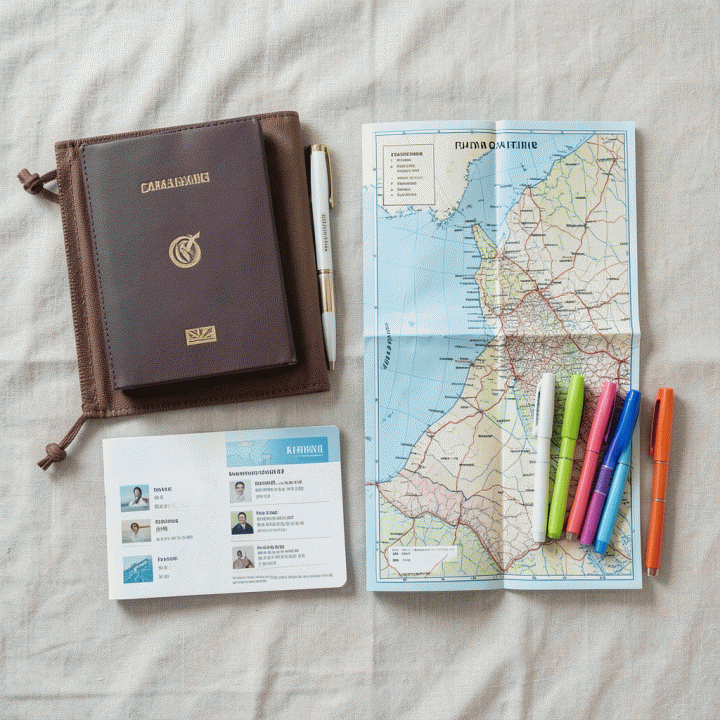 Tata letak (flat lay) perlengkapan organisasi perjalanan fisik yang lengkap dan estetis, termasuk sampul paspor, buku panduan, dan peta di atas permukaan yang bersih.