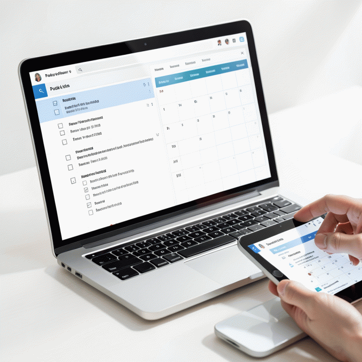 Tampilan digital checklist dan packing list perjalanan multi-peserta di laptop dan tablet, menekankan perencanaan perjalanan digital.