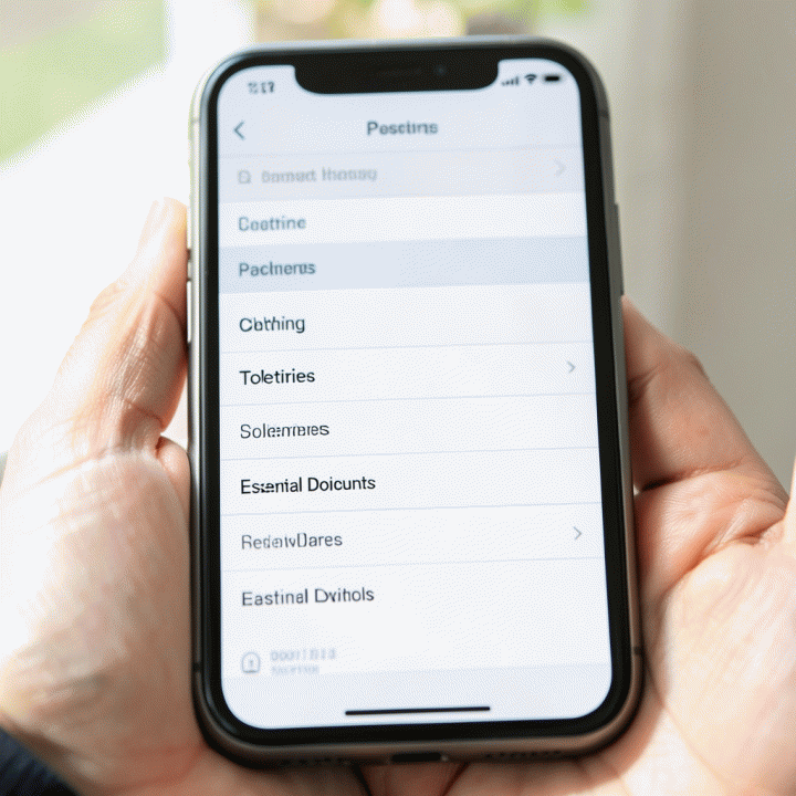 Packing list digital di smartphone dengan kategori yang terorganisir untuk perjalanan keluarga.