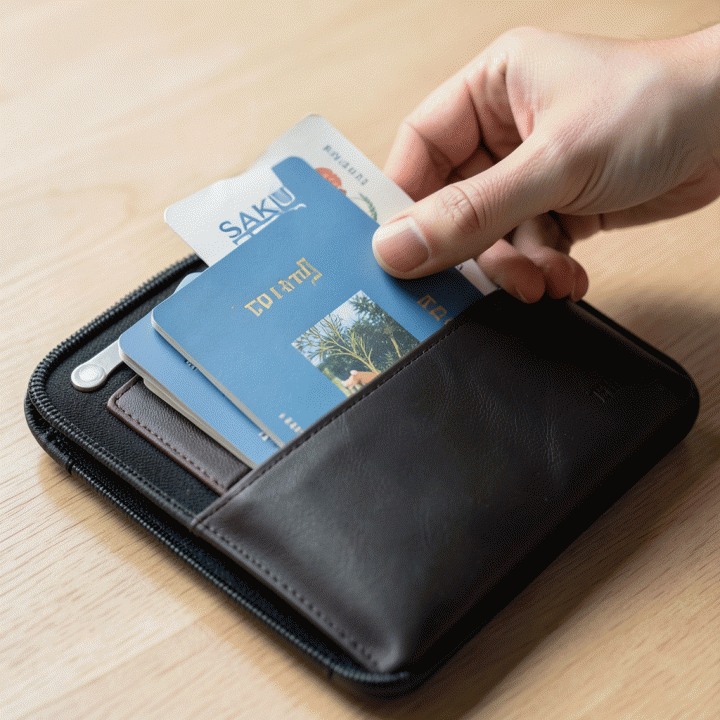 Tangan sedang memasukkan dokumen penting seperti paspor dan visa ke dalam organizer perjalanan yang terorganisir.