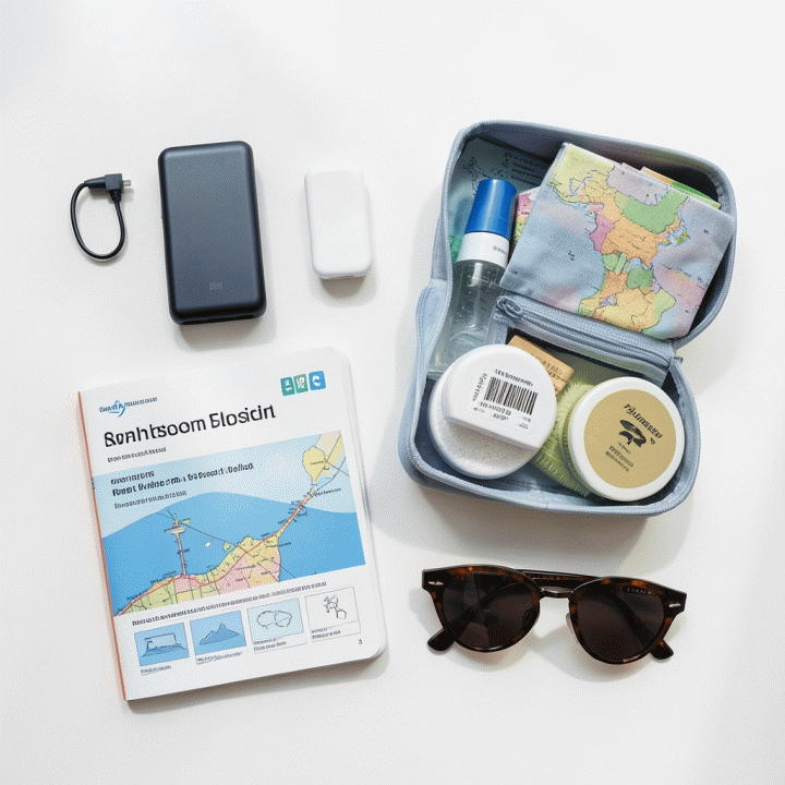 Tampilan atas (flat lay) perlengkapan perjalanan esensial seperti adaptor universal, power bank, dan buku itinerary yang tersusun rapi.