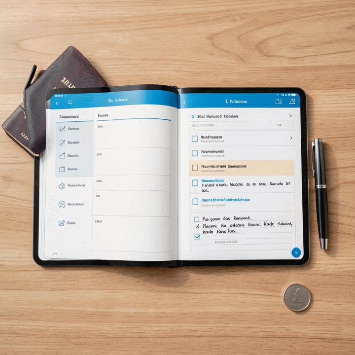 Pandangan atas meja kerja yang berisi checklist dan dokumen perjalanan, menyoroti fitur budgeting dan perencanaan yang detail dari travel planner digital.