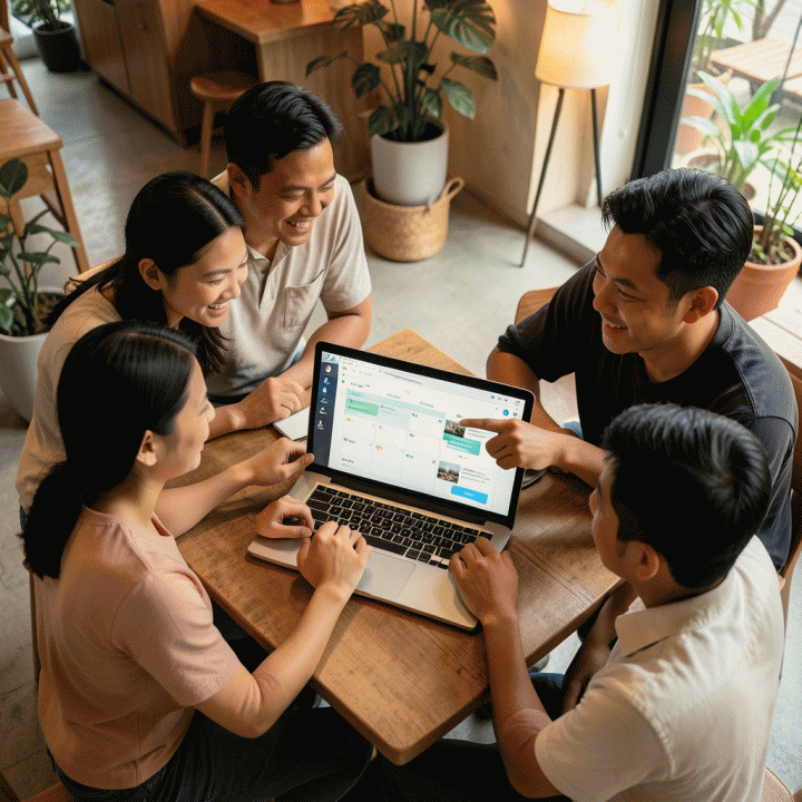 Kelompok teman yang merencanakan perjalanan bersama di depan layar laptop, menampilkan kolaborasi yang mudah menggunakan travel planner digital.