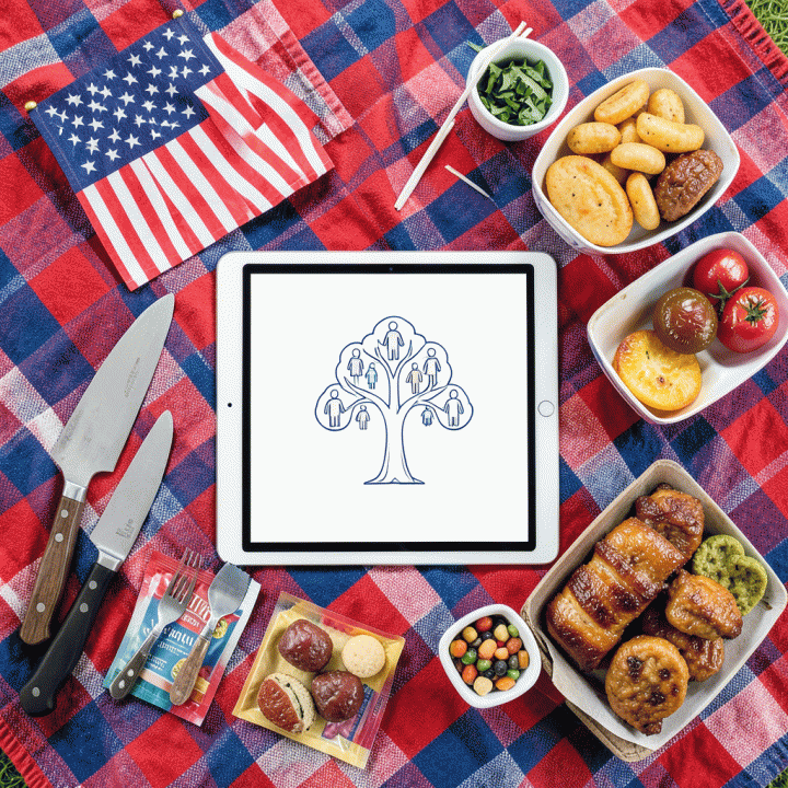 Komposisi flat lay yang menunjukkan perlengkapan pesta 4th of July yang terorganisir, termasuk alat barbekyu, bendera kecil, dan tablet digital yang menampilkan diagram silsilah keluarga.