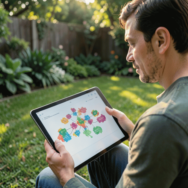Orang dewasa di luar ruangan menggunakan tablet modern untuk melihat atau menyusun silsilah keluarga secara digital, menunjukkan koneksi antar generasi.