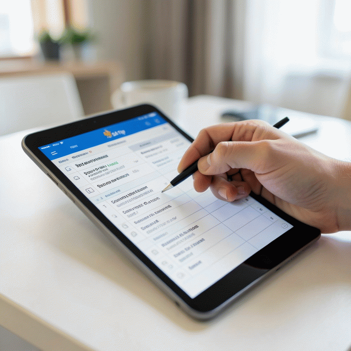 Tangan sedang mencentang daftar periksa di tablet digital, melambangkan manajemen tugas perjalanan yang efektif.