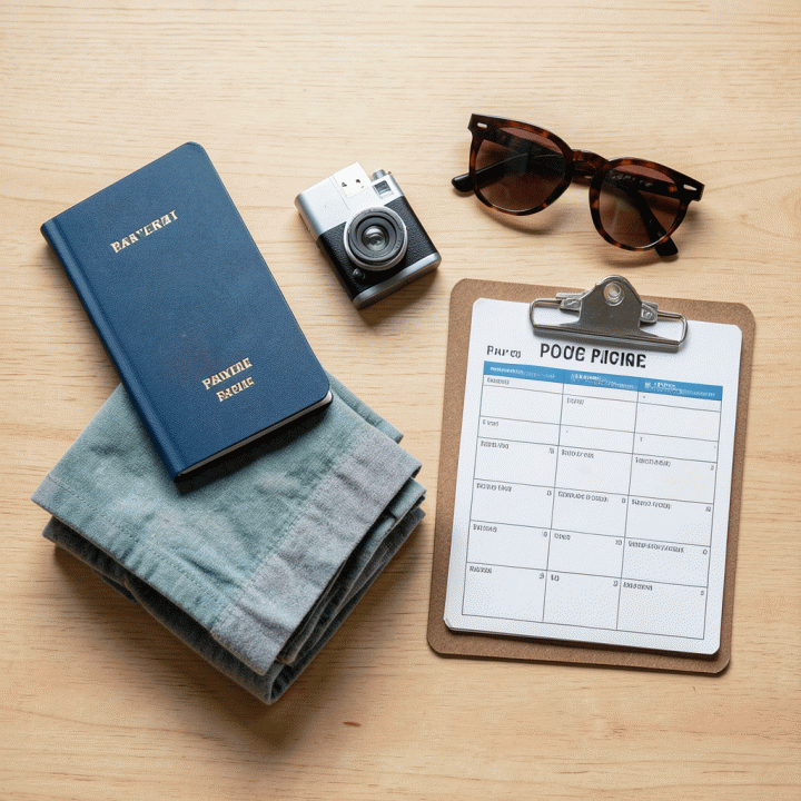 Flat lay foto peralatan perjalanan yang rapi dan terorganisir, termasuk paspor, buku catatan perjalanan, dan checklist packing list di atas permukaan kayu.