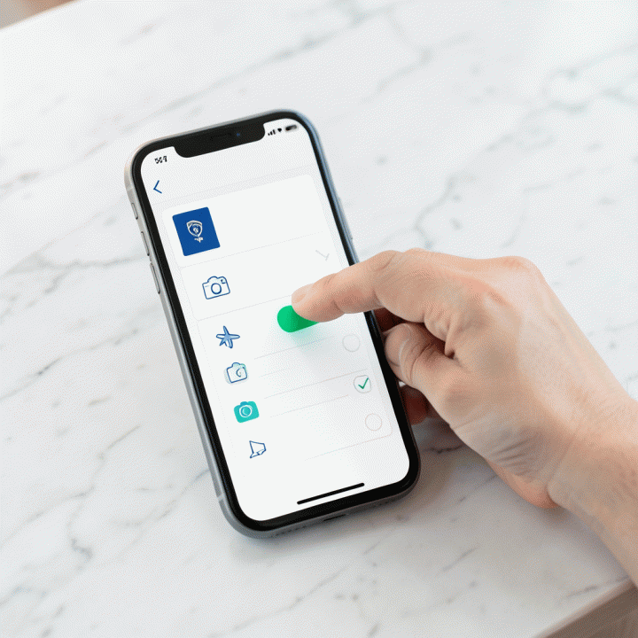 Tangan sedang menggunakan aplikasi checklist perjalanan di smartphone dengan tampilan antarmuka yang bersih dan ikon sederhana.