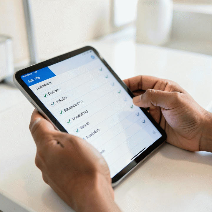 Tangan menggunakan aplikasi checklist perjalanan digital untuk memastikan semua barang sudah terdaftar dan terorganisir.