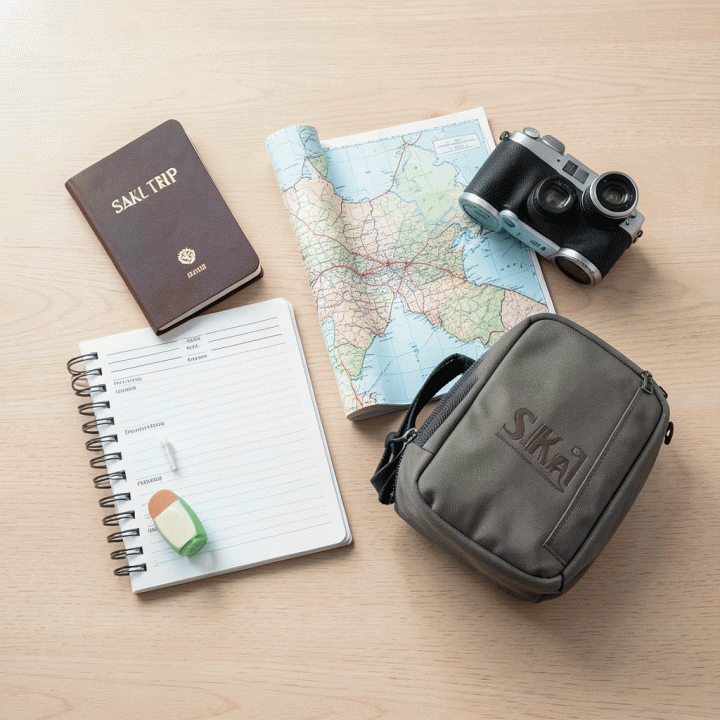 Tampilan atas (flat lay) berbagai perlengkapan perjalanan yang tertata rapi, mulai dari dokumen hingga kosmetik, menunjukkan perencanaan matang.